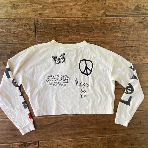 CHNGE Love Peace Cropped Henley sz Small White Longe Sleeve Embroidered - Picture 2 of 11